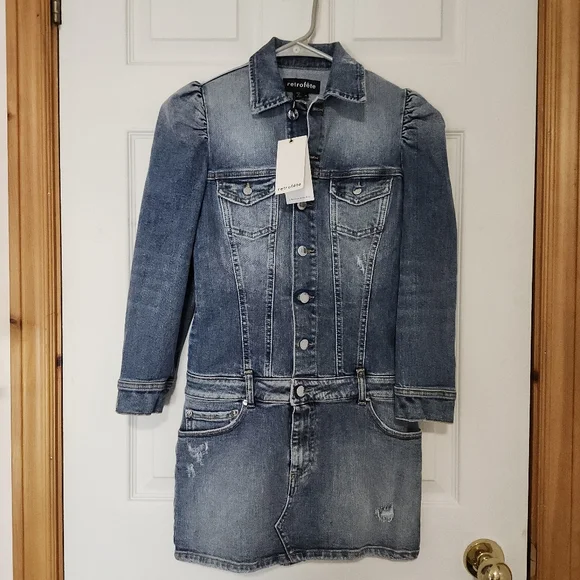Retrofete Sibi dress Bailey distressed denim mini jean puff sleeves women's xs - Picture 4 of 17